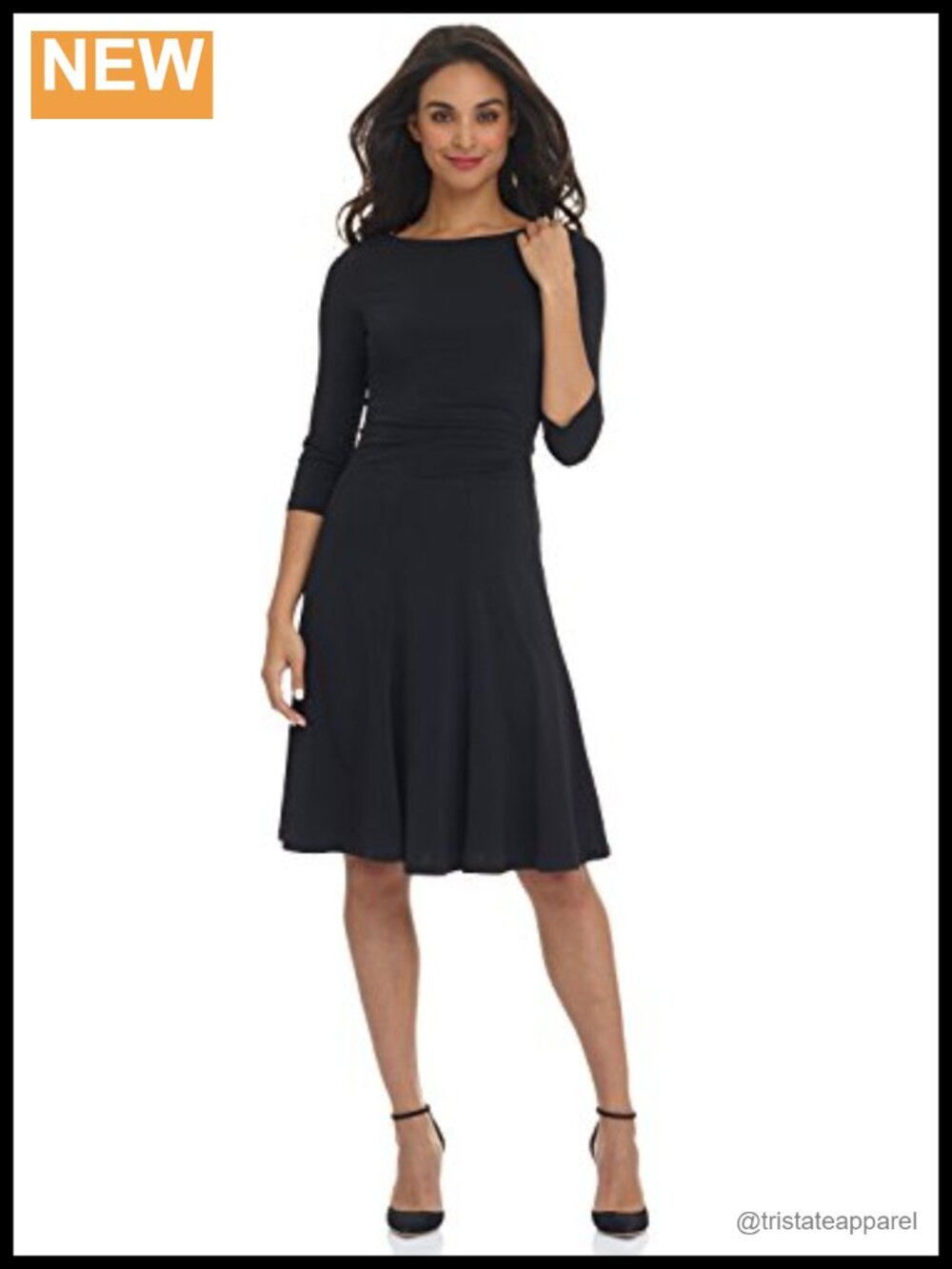 Fit & Flare Knee-Length Dress with 3/4 Sleeves Boat Neck Pull-On